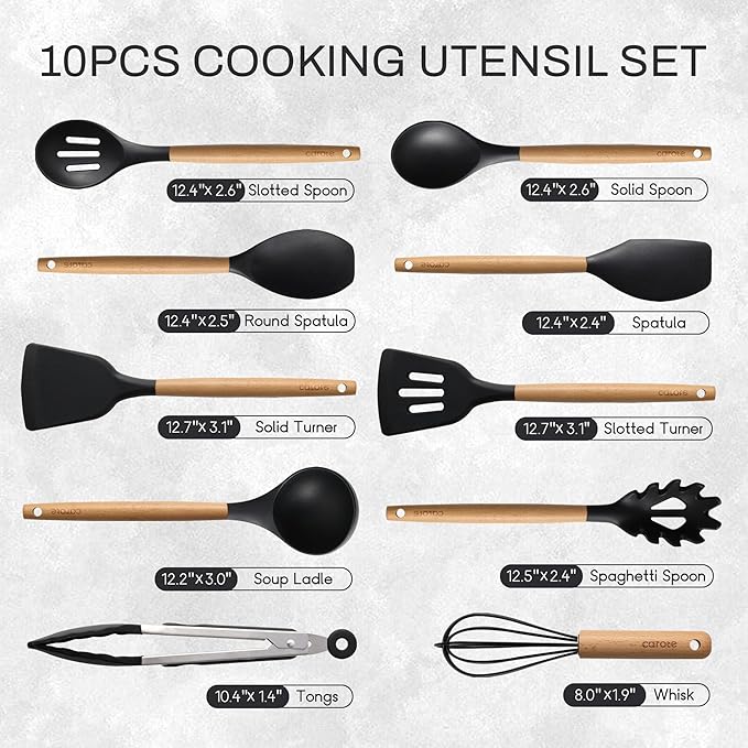 CAROTE Silicone Cooking Utensils Set for Nonstick Cookware, 446°F Heat Resistant Kitchen Utensil Set with Wooden Handle 10pcs, Spatula, Turner, Spoon, Tongs, Whisk - Image 2