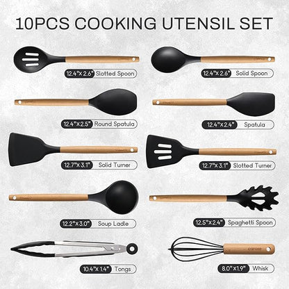 CAROTE Silicone Cooking Utensils Set for Nonstick Cookware, 446°F Heat Resistant Kitchen Utensil Set with Wooden Handle 10pcs, Spatula, Turner, Spoon, Tongs, Whisk - Image 2