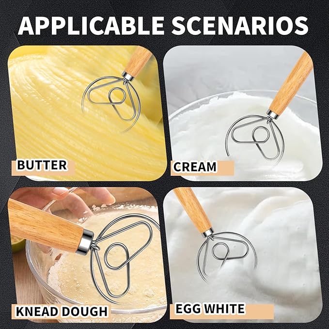 Danish Dough Whisk Stainless Steel Hook Dutch Bread Mixer for Sourdough Baking Hand Tool with Wooden Handle Making Blending Pastry Pizza Dough - Image 6