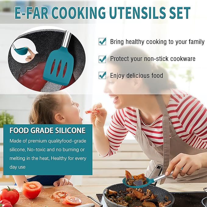 Silicone Cooking Utensils Set, E-far 14-Piece Blue Kitchen Utensils Set with Holder, Kitchen Tools Spatulas with Stainless Steel Handle for Non-stick Cookware, Heat Resistant & Dishwasher safe - Image 5