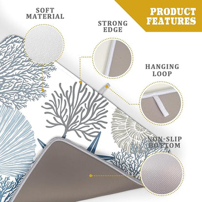 Summer Coastal Dish Drying Mats for Kitchen Counter 16x18 Inch Sea Shells Starfish Drying Mat High Absorbent Reversible Kitchen Mat Blue Coral Ocean Themed Dishes Pad for Countertop Tableware Decor
