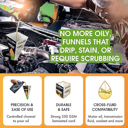 ValvoMax Disposable Funnels, 24-Pack (Combo) – Glossy Cardstock Paper Funnels for Oil Changes, Automotive Fluids, Coolant, and Household Liquids