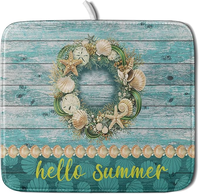Hello Summer Dish Drying Mat for Kitchen Counter,Sea Shell Starfish Coastal Wreath Drying Mat 16 x 18 Inch with Absorbent Reversible Microfiber Drying Pad for Coffee Bar by Anyako