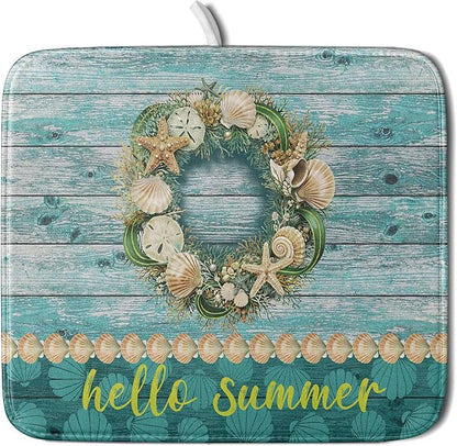 Hello Summer Dish Drying Mat for Kitchen Counter,Sea Shell Starfish Coastal Wreath Drying Mat 16 x 18 Inch with Absorbent Reversible Microfiber Drying Pad for Coffee Bar by Anyako