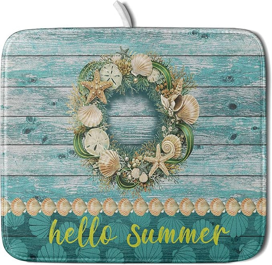 Hello Summer Dish Drying Mat for Kitchen Counter,Sea Shell Starfish Coastal Wreath Drying Mat 16 x 18 Inch with Absorbent Reversible Microfiber Drying Pad for Coffee Bar by Anyako