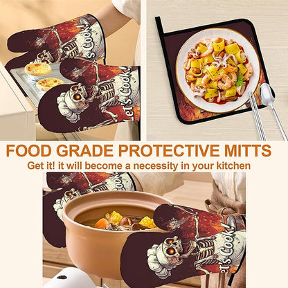 Funny Skull Oven Mitts with Matching Potholders - Heat Resistant Kitchen Accessories for Baking, Grilling, Cooking, Gifts for Women