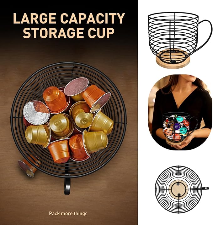 BYTEAIDREX Coffee Pod Holders for Counter - K Cup Holders for Counter - Coffee Pods Storage Organizer - Bar Accessories - Large Capacity Black Wire Kup Storage with Wooden Base. - Image 6