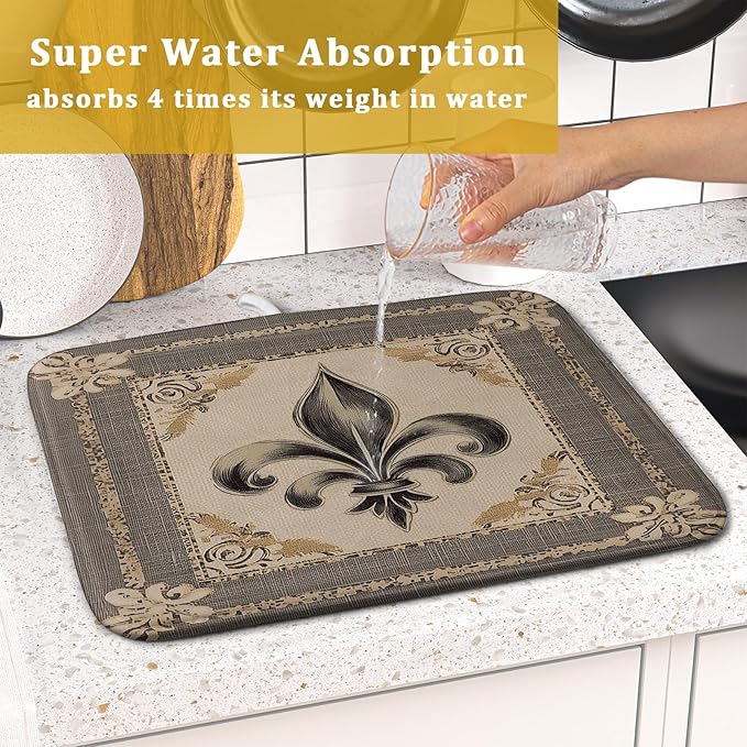 Giwawa Mardi Gras Dish Drying Mat for Kitchen Vintage Fleur De Lis Print Dish Drainer Mats 16x18inch Country Style Dish Drying Rack Pad Protector for Countertop Dining Holiday Decor