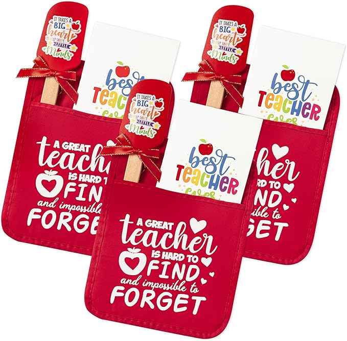 R HORSE Teacher Appreciation Gifts - 3 Pack Red Funny Pot Holder Set, Heat Resistant Oven Mitt with Silicone Spatula & Greeting Card, Unique Gift for Teacher Appreciation Week Thank You Present
