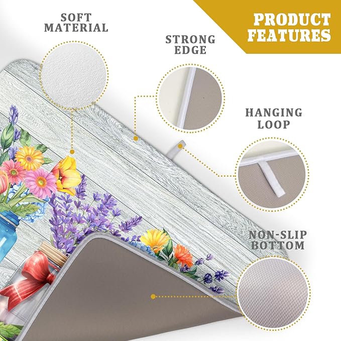 Kawani Spring Summer Flowers Dish Drying Mat for Kitchen Counter 16"x18" Spring Floral Jars Drying Mat Soft Absorbent Microfiber Farmhouse Colorful Floral Dish Drainer Rack Mats for Counter tops