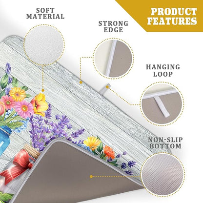 Kawani Spring Summer Flowers Dish Drying Mat for Kitchen Counter 16"x18" Spring Floral Jars Drying Mat Soft Absorbent Microfiber Farmhouse Colorful Floral Dish Drainer Rack Mats for Counter tops