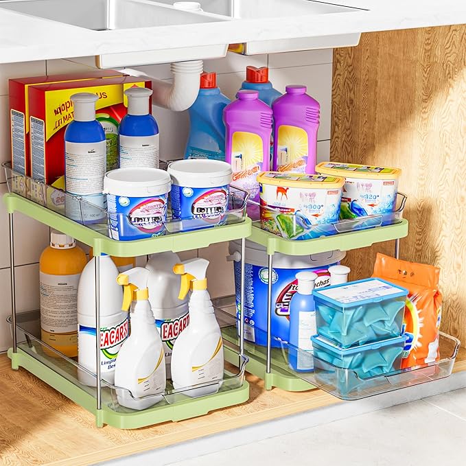 Delamu 2-Tier Multi-Purpose Bathroom Under Sink Organizers and Storage, Stackable Kitchen Pantry Organization, Pull Out Medicine Cabinet Organizer with Movable Dividers, Green, 2 Pack - Image 7