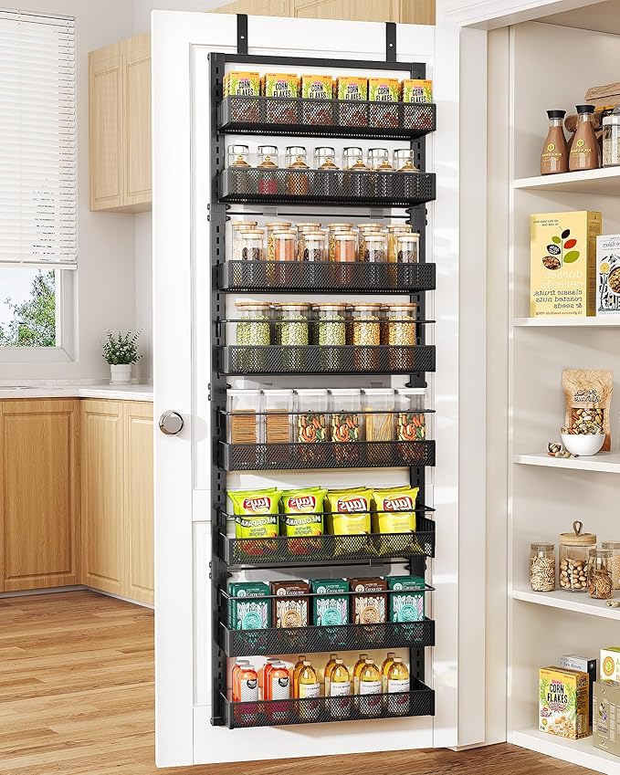 SNTD 8 Tiers Over the Door Organizer - Height Adjustable Pantry Organizers and Storage with Dense Mesh Baskets, Anti-Swing Hanging Door Spice Rack for Kitchen Bathroom (Black, 17" W x 6" D x 69" H) by SNTD