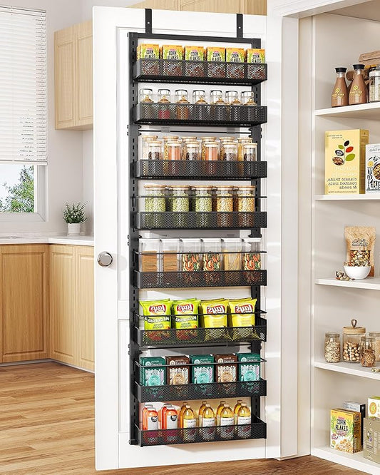 SNTD 8 Tiers Over the Door Organizer - Height Adjustable Pantry Organizers and Storage with Dense Mesh Baskets, Anti-Swing Hanging Door Spice Rack for Kitchen Bathroom (Black, 17" W x 6" D x 69" H) by SNTD