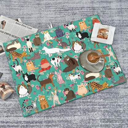 Cat Dish Drying Mat For Kitchen Microfiber Drying Mats Absorbent Reversible Dish Pad Draining Mats For Countertop Coffee Mats 18x24 Inch