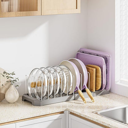 MUDEELA Pot Lid Organizer Rack for Cabinet, Expandable Pots and Pans Organizer under Cabinet with 12 Adjustable Dividers, Pan Organizers Holder inside Cabinet for Cutting Boards, Baking Sheets, Grey - Image 4