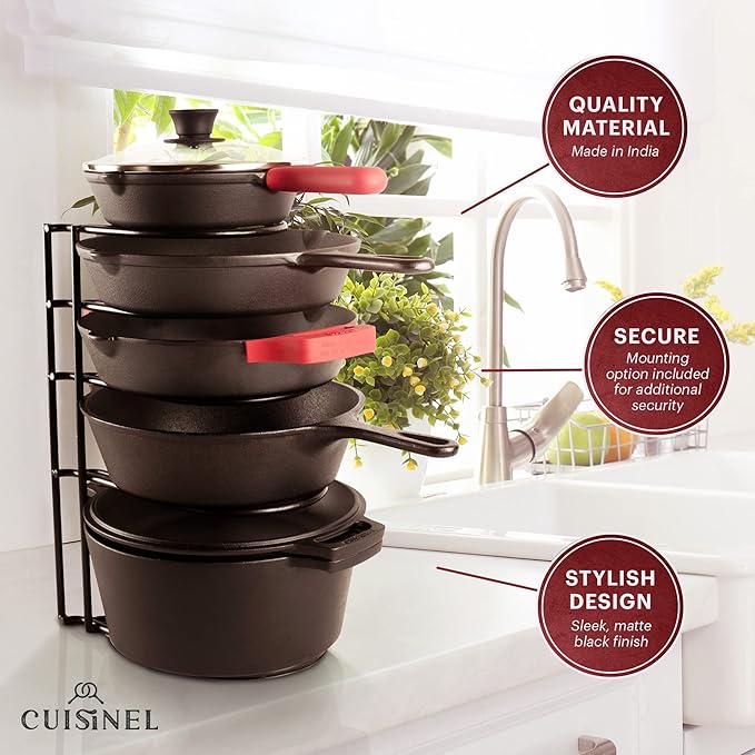 Cuisinel Pots and Pans Organizer Rack - 60 to 100-LBS Capacity Extremely Heavy Duty - 8mm Thick - Made in India - Matte-Black 15.9"-Tall 5-Tier Space Saving Kitchen Cookware Storage - Image 5