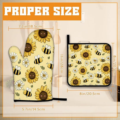 Sunflower Bee Oven Mitts and Pot Holders Set,Daisy Kitchen Oven Gloves and Pot Holder with Heat Resistant Non Slip for Cooking Baking Grilling(4 Piece Set)