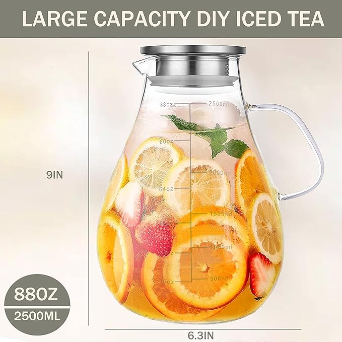 Glass Pitcher with Lid,88 Ounces -2500ml with Precise Scale Line, Hot/Cold Water Jug, Juice and Iced Tea Beverage Carafe with Lid - Image 4