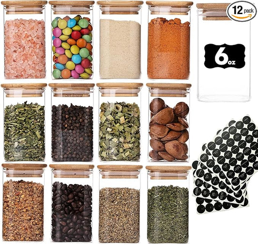 6oz Glass Spice Jars with Bamboo Lid and Label, 12 Pack Square Glass Container, Small Food Storage Containers for Kitchen, Clear Empty Seasoning Jar for Sugar, Salt, Coffee Bean, Herb, Borosilicate by Wells