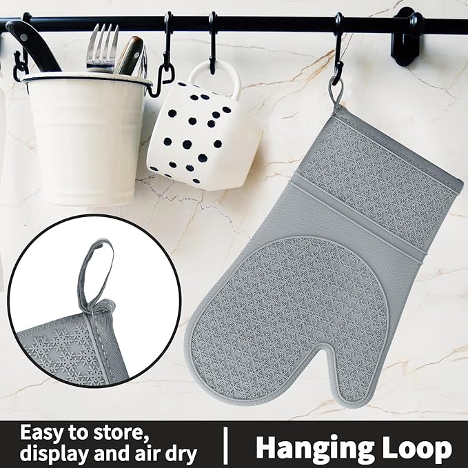 Hovico Silicone Oven Mitts, Heat Resistant 500F Kitchen Mitts 2PCS, 11.6" BPA-Free Soft Baking Gloves, Non-Slip Grip Oven Gloves with Soft Cotton Lining for Kitchen Cooking Baking BBQ - Gray - Image 6