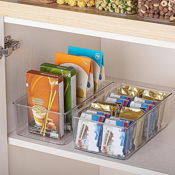 Vtopmart 10 Pack Food Storage Organizer Bins, Clear Plastic Bins for Pantry, Kitchen, Fridge, Cabinet Organization and Storage, 4 Compartment Holder Packets, Snacks, Pouches, Spice Packets - Image 6
