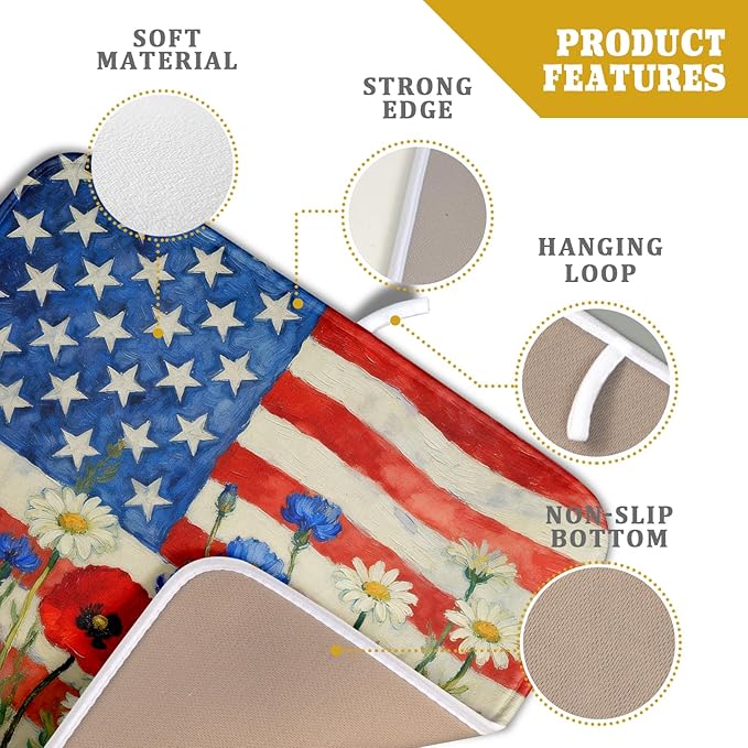 Patriotic American Flag Dish Drying Mat for Kitchen Counter 16x18 4th of July Red Blue White Floral Rustic Absorbent Reversible Microfiber Drying Mats Kitchen Countertop Protector Dishes Drainer Pad - Image 4