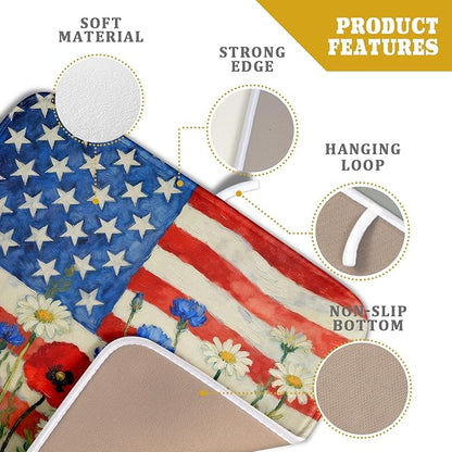 Patriotic American Flag Dish Drying Mat for Kitchen Counter 16x18 4th of July Red Blue White Floral Rustic Absorbent Reversible Microfiber Drying Mats Kitchen Countertop Protector Dishes Drainer Pad - Image 4