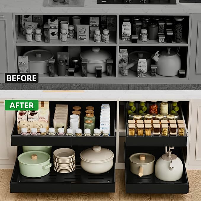 PAKETA 4 Pack Expandable Pull Out Cabinet Organizer, 21'' Deep Pull Out Drawers for Cabinets,Upgrade 3 Slide Rails Sliding Drawer for Kitchen Cabinet Organizer with Adhesive Nano Film (Black) - Image 3