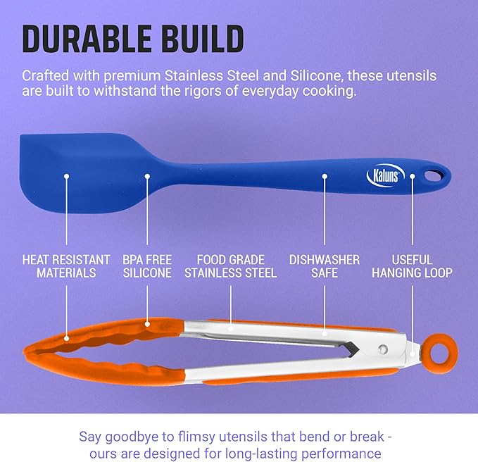 Kaluns Kitchen Tongs for Cooking Grilling Set of 4, BBQ Grill Tongs With Silicone Tip Stainless Steel Heat Resistant, Non-stick Pull Lock, Incl 7, 9, 12 Inch Tong Plus a Silicone Spatula - Image 6