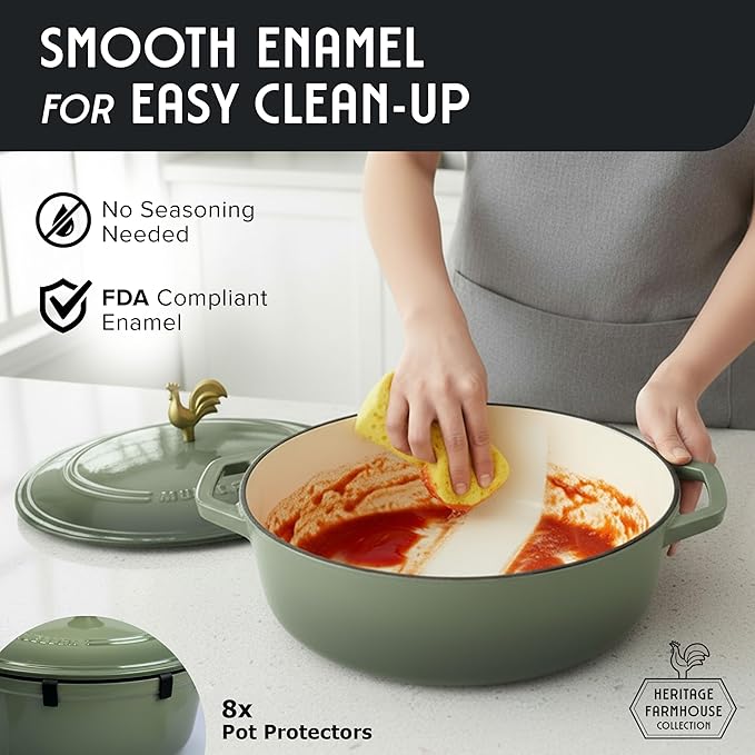 MUELLER HOME 5.5 Quart Enameled Cast Iron Oval Dutch Oven w Rooster Knob & Cotton Potholders, Heavy-Duty Cookware, Oven-Safe up to 500° F & Across All Cooktops, Gifts for Grandma & Women, Thyme Green - Image 7