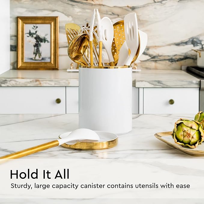 White Utensil Holder with Built-In Ceramic Spoon Rest - 2-Piece Luxe White and Gold Spatula Holder with Gold Spoon Rest for Countertop Organization - Stylish Kitchen Accessory, Utensils Not Included - Image 4