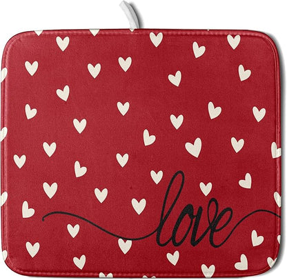 Giwawa Red Hearts Dish Drying Mat 16"x18", Valentines Day Symbol of Love Dish Drainer Mats, Romantic Reversible Dish Drying Rack Pad Protector for Kitchen Countertop Tabletop Small Decor