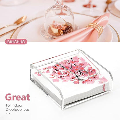 DINGHUO Acrylic Napkin Holder for Table, 7"x7" Clear Luncheon Napkin Holder with Weighted Arm, Flat Kitchen Paper Hand Napkin Dispenser, Suitable for Outdoor & Indoor