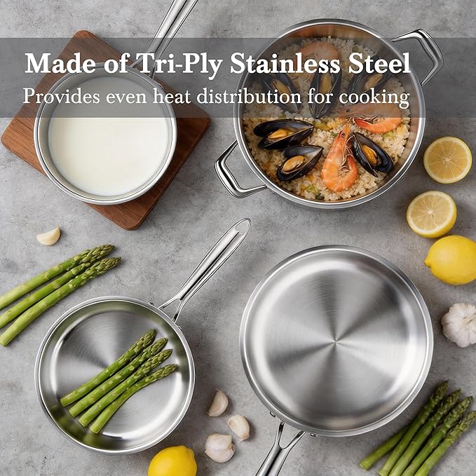 Stainless Steel Cookware Set - VONIKI Tri-ply Stainless Pots And Pans Set with Steamer Basket, Non Toxic Induction Cookware, Kitchen Cookware Sets PFOA & PTFE Free, Dishwasher and Oven Safe - Image 5