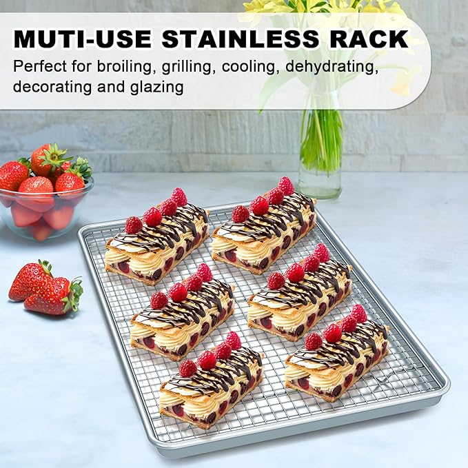 Half Sheet Pans with Rack Set, 13 Inch Commercial Quality Baking Sheet Pan Set, Natural Aluminum Cookie Sheet, Warp Resistant Nonstick Thick Cookie Tray Pans for Baking, Roasting - Image 4