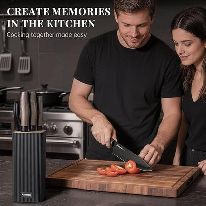 Astercook Knife Set, 6-Piece Kitchen Knife Set with Block, High Carbon Stainless Steel Ultra Sharp Kitchen Knives, Wood Grain Handle, Dishwasher Safe Knife Block Set, Black, Mothers Day Gifts - Image 8