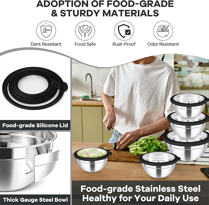 TeamFar Mixing Bowls Set, 4.5/3/1.5/1/0.7 QT Stainless Steel Nesting Salad Bowls with Airtight Lids, For Serving/Mixing/Storing, Non-Toxic & Heavy Duty, Visible & Easy Clean, Black, Set of 5 - Image 3