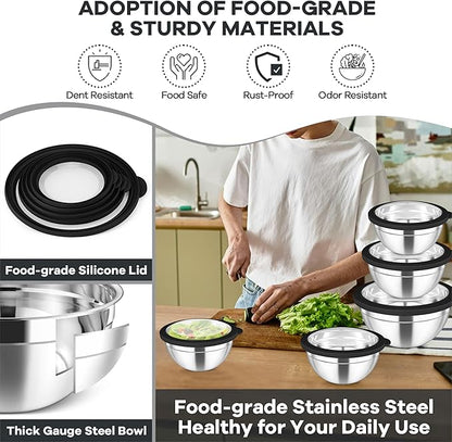 TeamFar Mixing Bowls Set, 4.5/3/1.5/1/0.7 QT Stainless Steel Nesting Salad Bowls with Airtight Lids, For Serving/Mixing/Storing, Non-Toxic & Heavy Duty, Visible & Easy Clean, Black, Set of 5 - Image 3