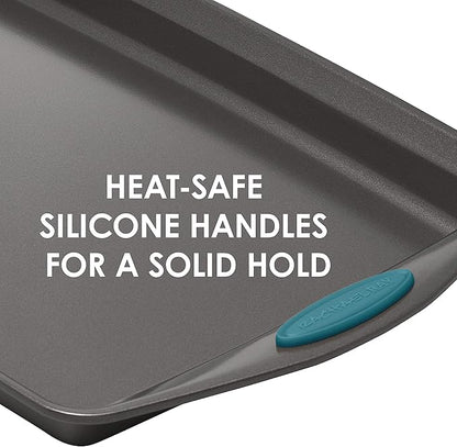 Rachael Ray Bakeware Nonstick Cookie Pan Set, 3-Piece, Gray with Marine Blue Grips