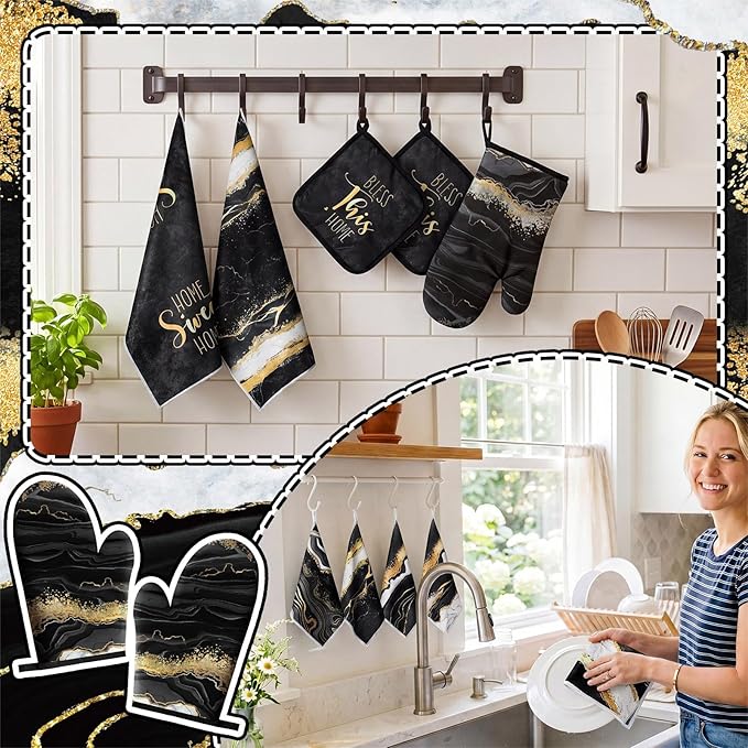 Bencailor 12 Pcs Marble Kitchen Decor and Accessories Sets 4 Black and Gold Marble Kitchen Towels 4 Farmhouse Absorbent Dishcloths 2 Pot Holders 2 Oven Mitts Gloves for Home Decor Mom Gifts
