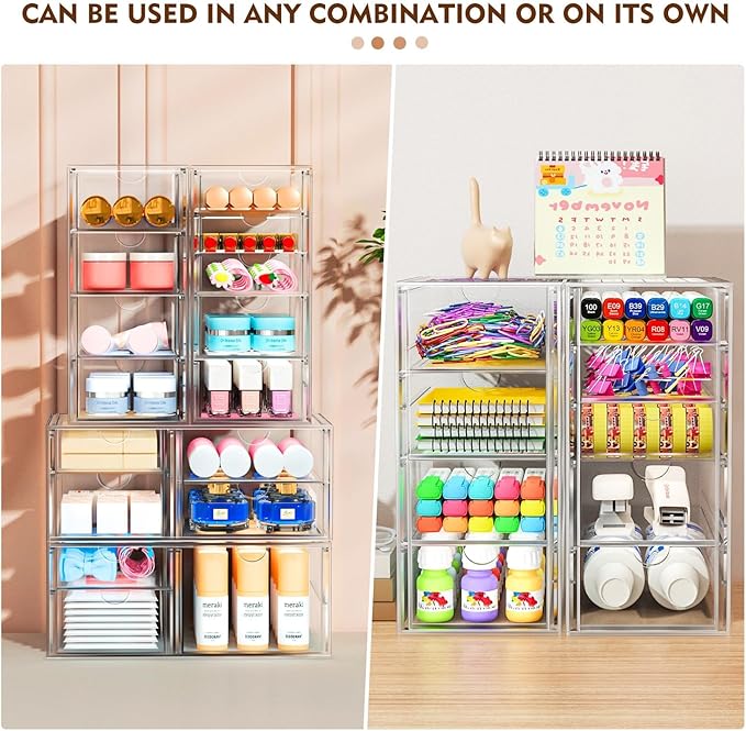 ARSTPEOE 22 Drawers, Acrylic Desk Makeup Organizer, Plastic Drawers Organizer, Stackable Storage Solution for Makeup, Dresser, Office, Bathroom Clear Plastic Craft and Bead Storage Cabinet - Image 6