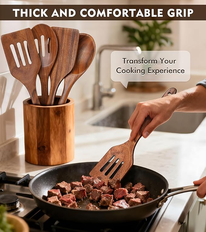 4Pcs Wooden Spatula for Cooking, Acacia Wooden Spatula for Kitchen Use, Nonstick Cookware Safe Utensils Set for Cooking, Mixing, Serving, Draining, Ideal Cooking Utensils Gift - Image 3