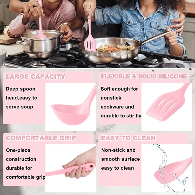 E-far Pink Silicone Cooking Utensils Set, 10-Piece Kitchen Utensil Set for Nonstick Cookware, Silicone Kitchen Tools with Spatula Turner Spoon Tongs Whisk, Heat Resistant & Non-Toxic, Dishwasher Safe - Image 4
