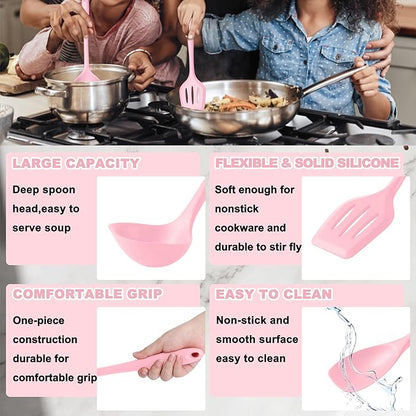 E-far Pink Silicone Cooking Utensils Set, 10-Piece Kitchen Utensil Set for Nonstick Cookware, Silicone Kitchen Tools with Spatula Turner Spoon Tongs Whisk, Heat Resistant & Non-Toxic, Dishwasher Safe - Image 4