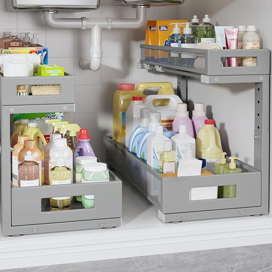 2 Pack 19IN Depth Under Sink Storage Organizer, Large 2-Tier Elegant Mesh Pull Out Shelf for Kitchen and Bathroom Cabinet Organization, L-Shaped and Adjustable Height Design-Gun Gray by UnderSinkOrganizer