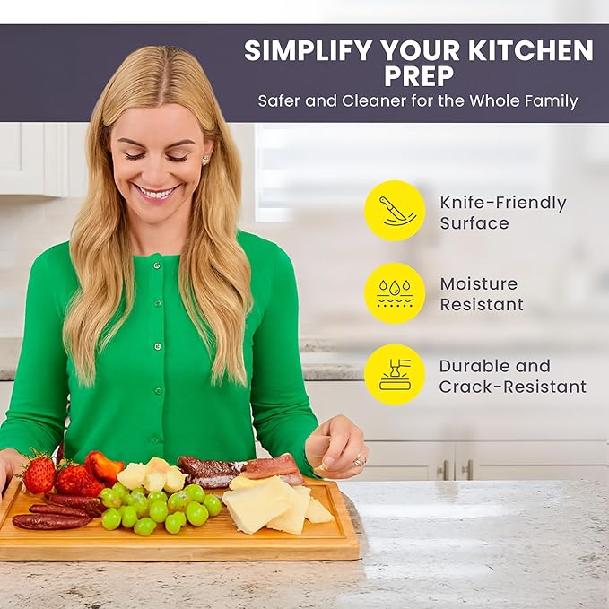 Bamboo Cutting Board – 15 Inch Wood Cutting Boards for Kitchen with Glue-Free Surface™ & Juice Groove – Non-Toxic, FSC-Certified, Durable Wooden Chopping Board - Rectangle - Image 4