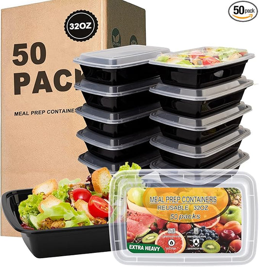 Ezalia 50 Pack- Meal Prep Containers 32oz, Plastic Food Prep Containers Reusable, Leakproof To Go Food Containers with Lids, BPA-Free, Microwave/Dishwasher/Freezer Safe by Ezalia