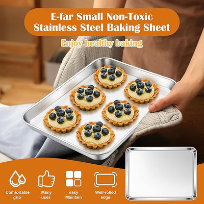 E-far Toaster Oven Tray, 10.5”x8.3” Stainless Steel Small Baking Cookie Sheet, Compact Non-toxic Metal Baking Pan for Cake, Healthy & Rust Free, Mirror Finish & Dishwasher Safe, 1 Pack - Image 5