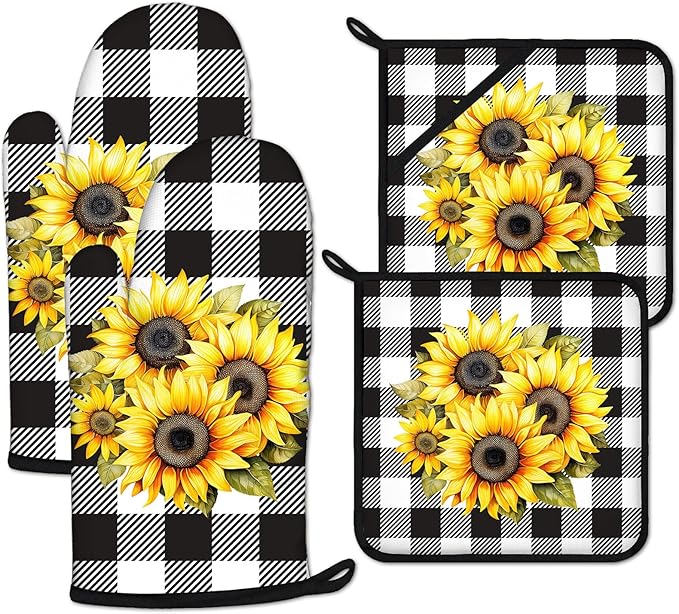 Sunflower Oven Mitts and Pot Holders Sets Heat Resistant 4Pcs Black White Buffalo Plaid Potholders Oven Gloves Hot Pads for Kitchen Baking Cooking Grilling BBQ